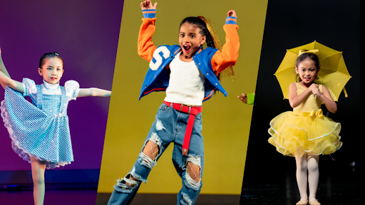 A three-panel collage showing young dancers: a girl performing a leg extension in a blue dress, a girl dancing excitedly in a varsity jacket, and a girl in a yellow dress holding a matching umbrella