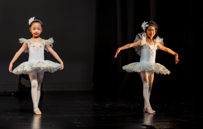 two-young-ballerinas-performing-onstage Two young girls wearing white tutu costumes with feathered hairpieces pose gracefully during a ballet performance on stage